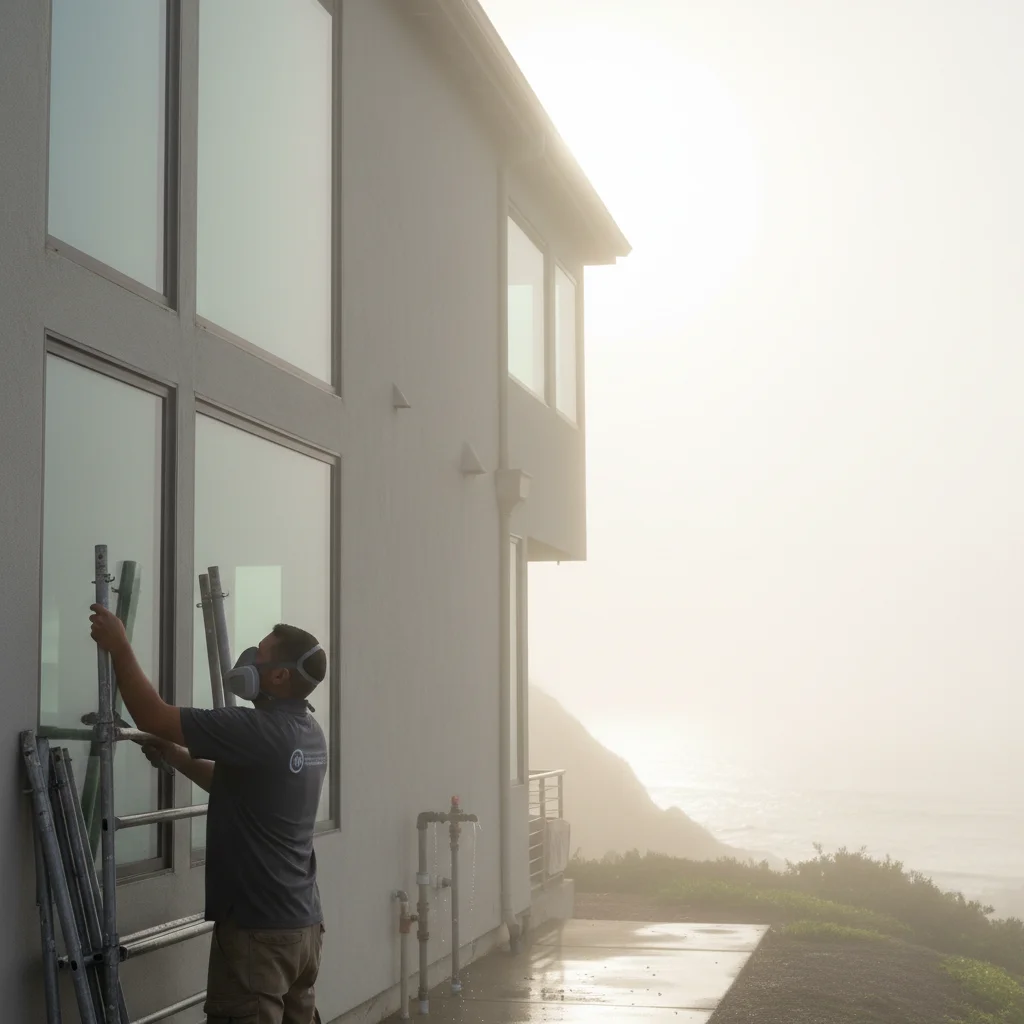Coastal San Diego home in morning marine layer light, painter setting up scaffol
