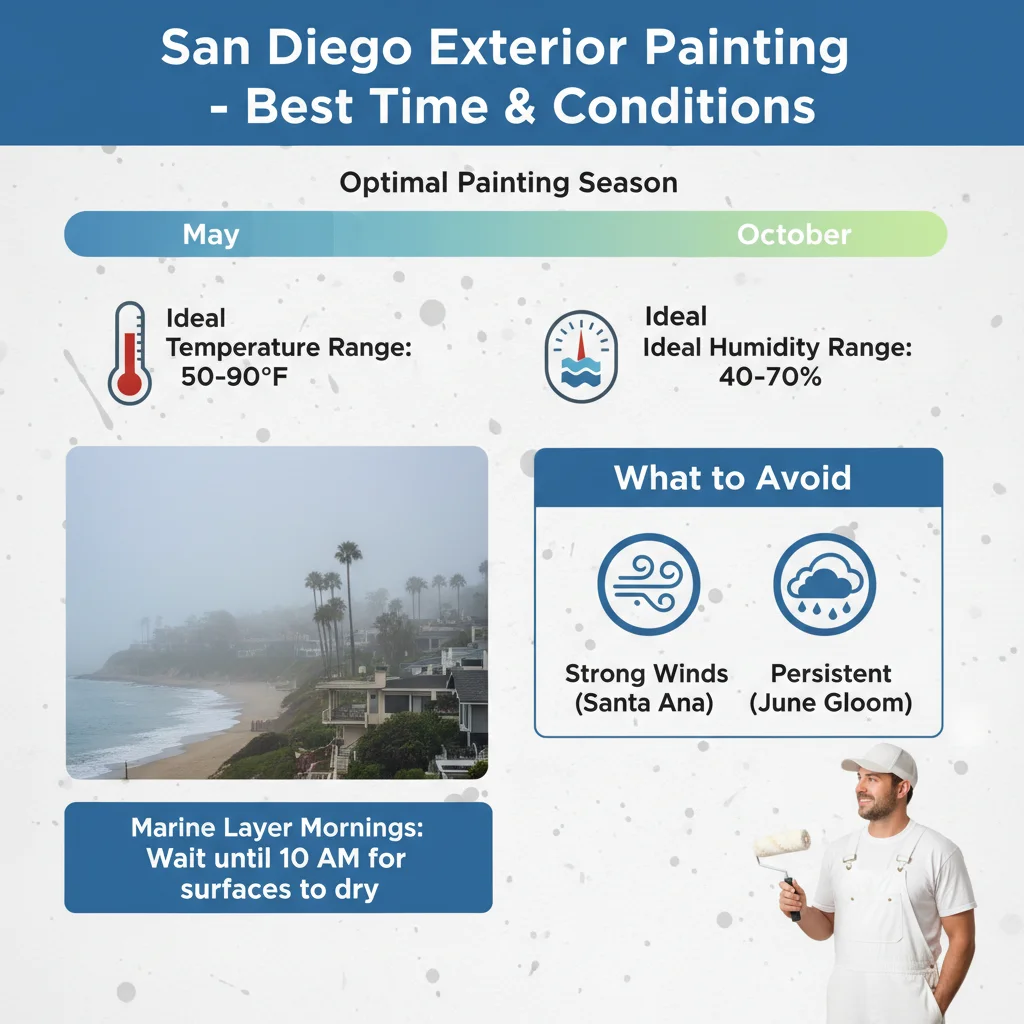 Infographic illustrating ideal temperature and humidity ranges, along with peak painting months for San Diego.