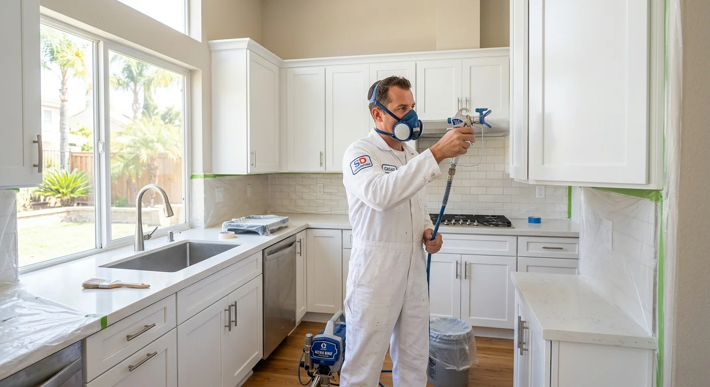 A bright San Diego kitchen with freshly painted white shaker cabinets, professional painter in branded uniform.