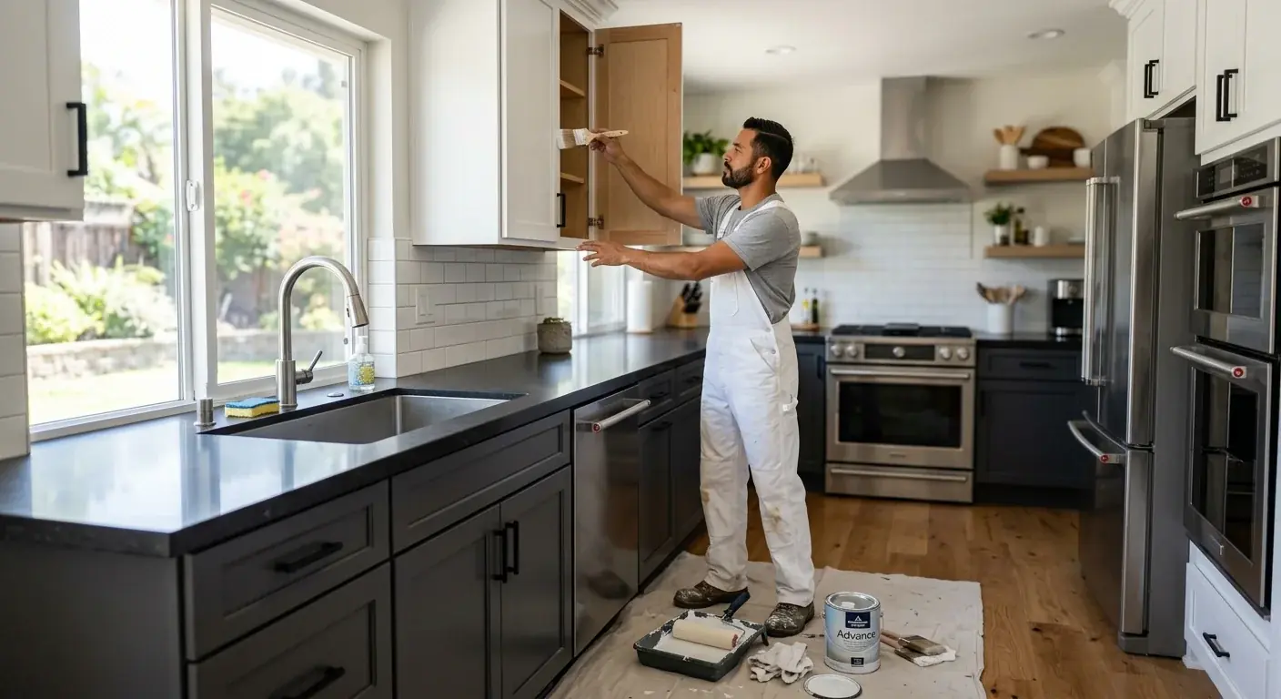 A modern kitchen in a San Marcos home featuring beautifully refinished two-tone cabinets (e.g., dark grey lowers, white uppers).