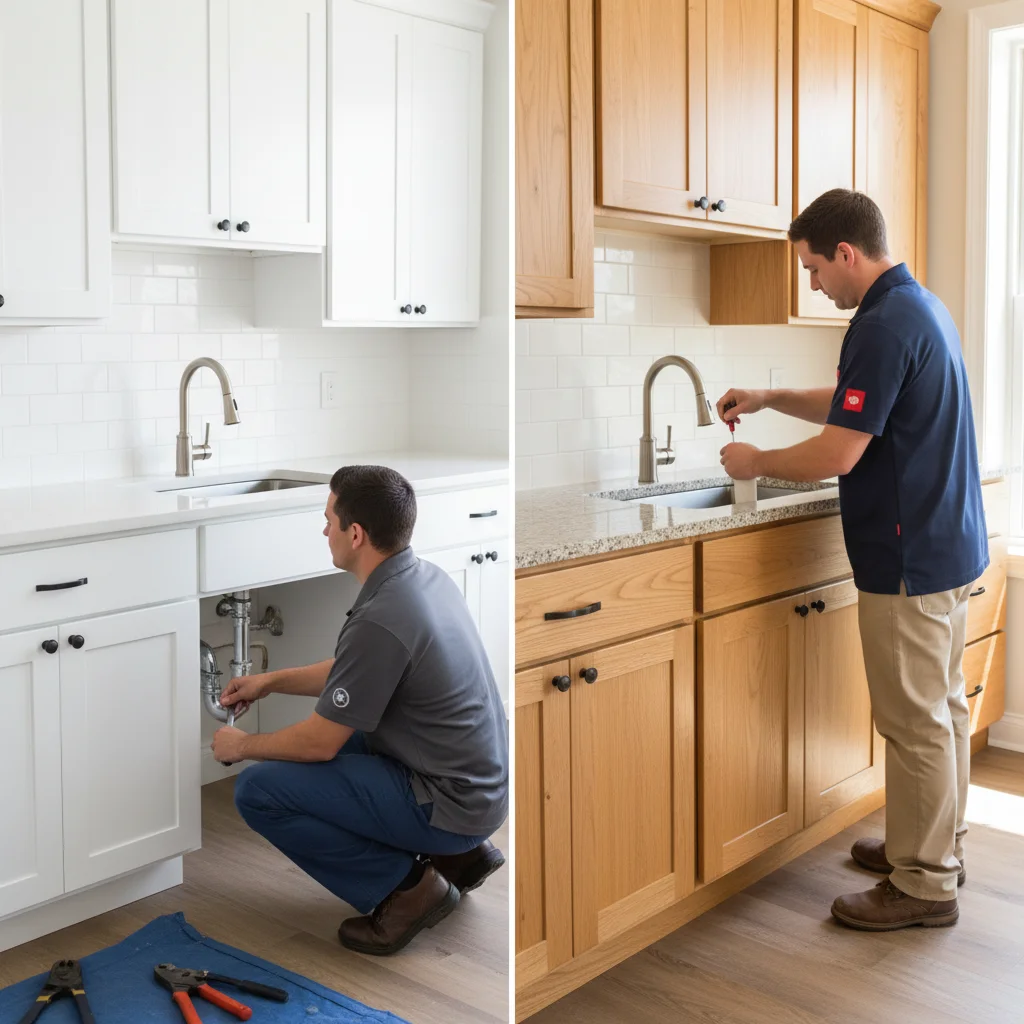Split-frame kitchen showing freshly painted white cabinets on one side and new wood cabinets on the other, bright natural light