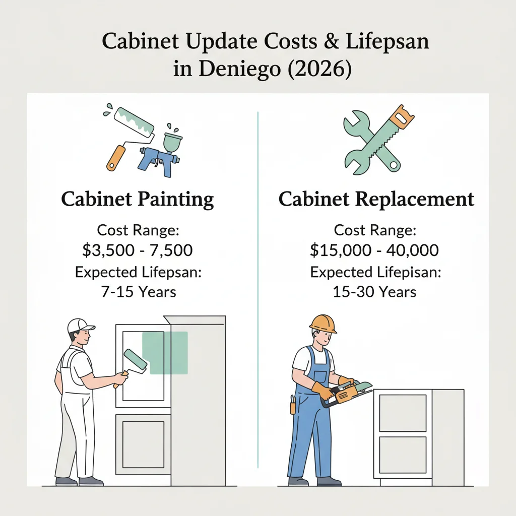 Infographic comparing average costs and lifespan for cabinet painting ($3,500-$7,500, 7-15 years) versus replacement ($15,000-$40,000, 15-30 years) in San Diego.