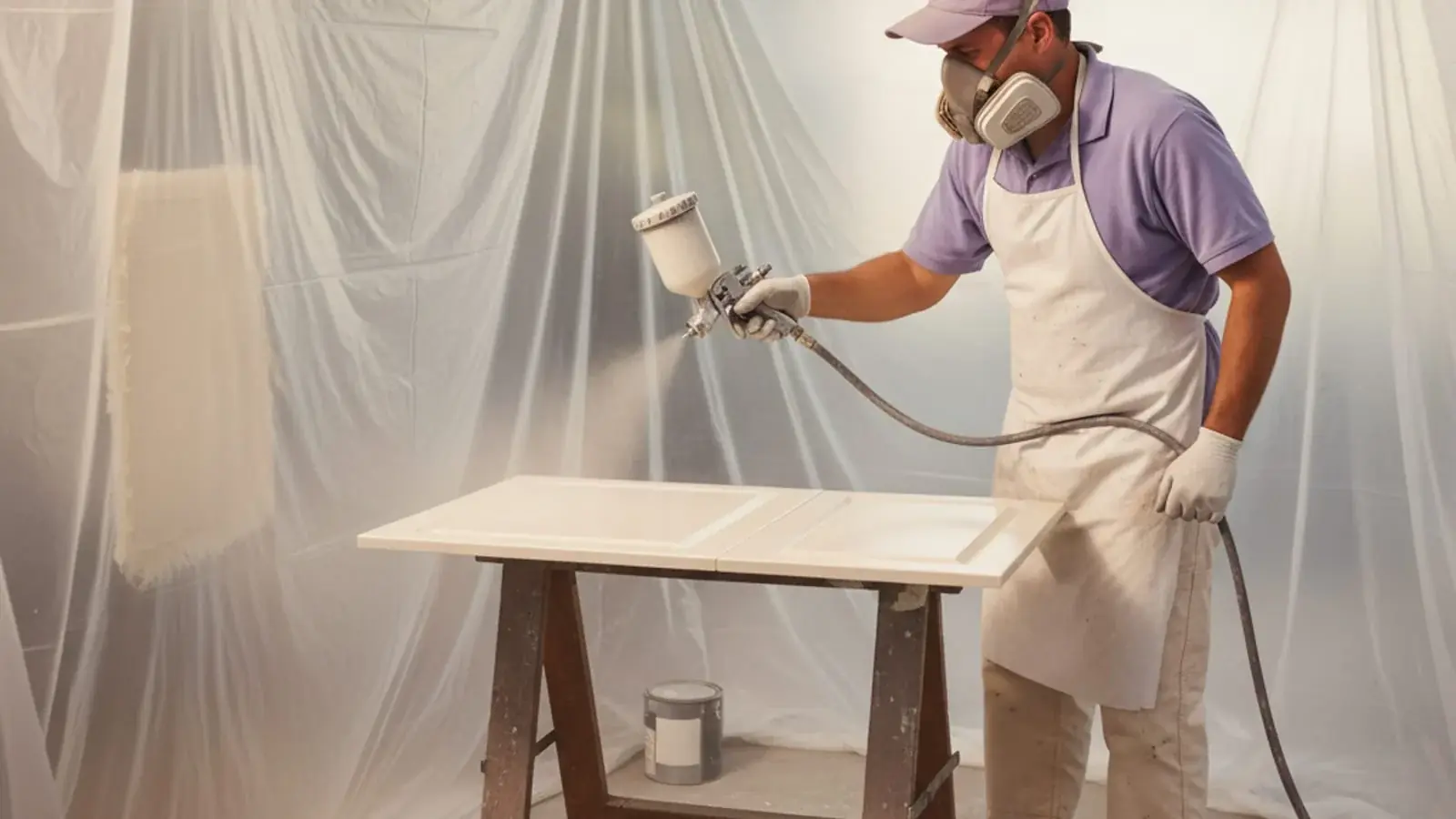 Cabinet doors laid out on sawhorses in a spray booth during a San Diego cabinet painting project.