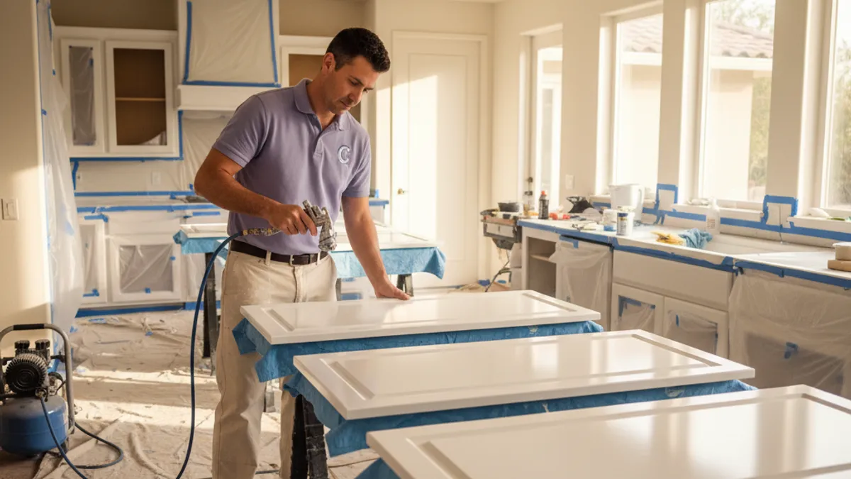 A San Diego painter spray-finishing kitchen cabinet doors on sawhorses inside a bright, prepped home workspace.