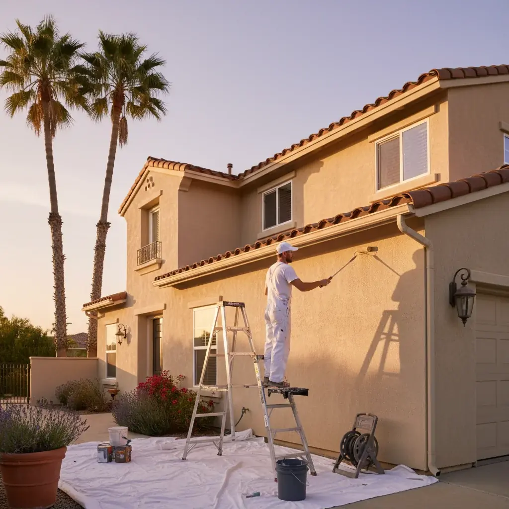 Mediterranean-style Carlsbad home with freshly painted warm beige stucco, terracotta roof tiles, and palm trees.