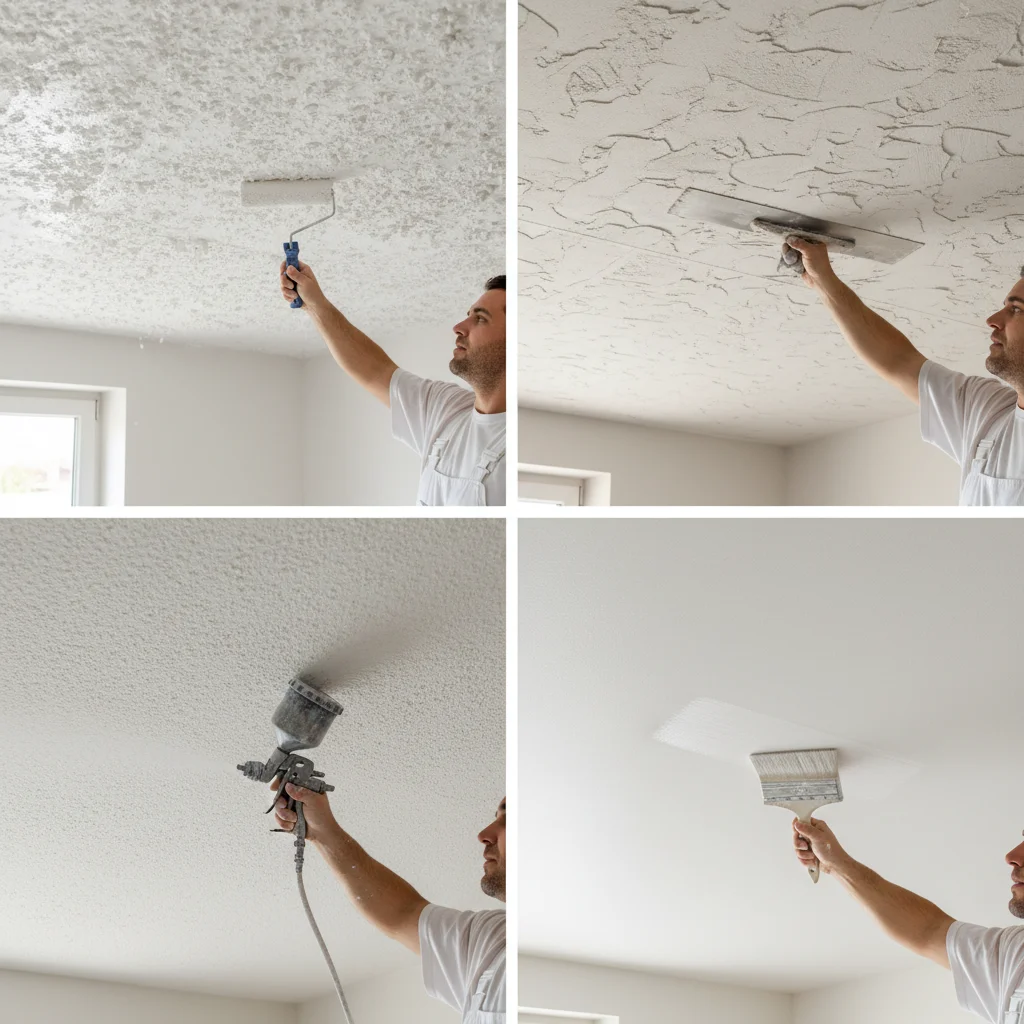 A four-panel image showing close-ups of four different ceiling textures: popcorn, knockdown, orange peel, and smooth finish.