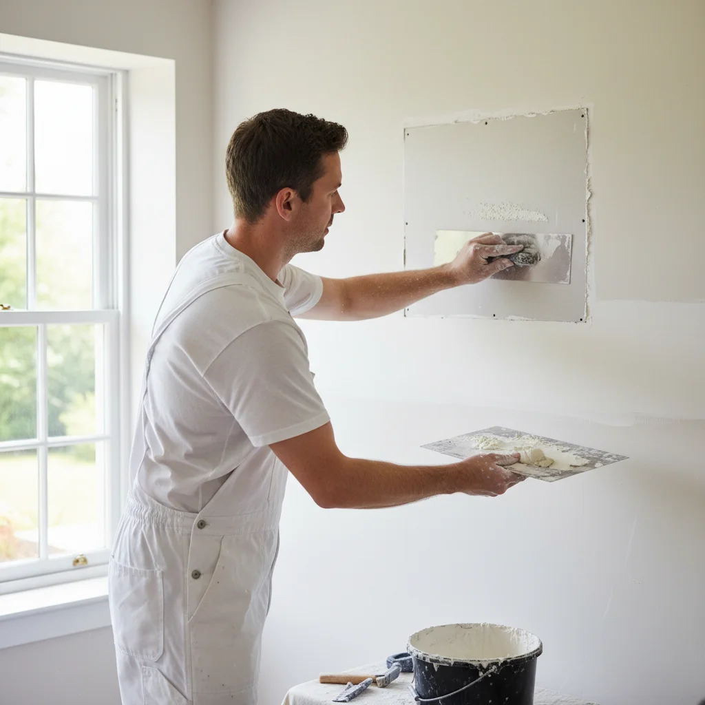 Painter applying joint compound to a drywall patch on an interior wall in a San Diego home.