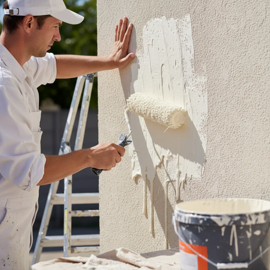 A painter applies thick elastomeric paint to a San Diego stucco wall with a roller.