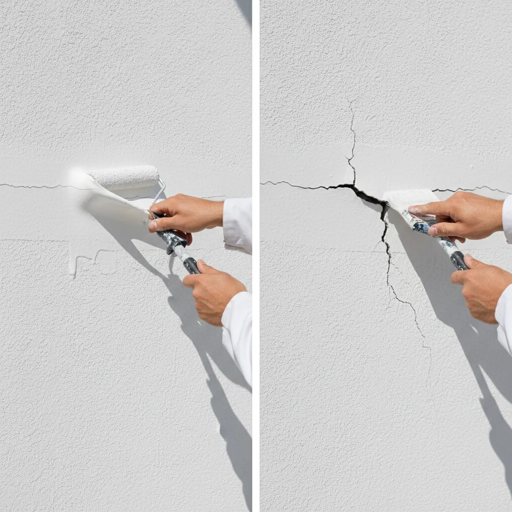 A close-up comparison shows elastomeric paint bridging a stucco crack while acrylic paint does not.