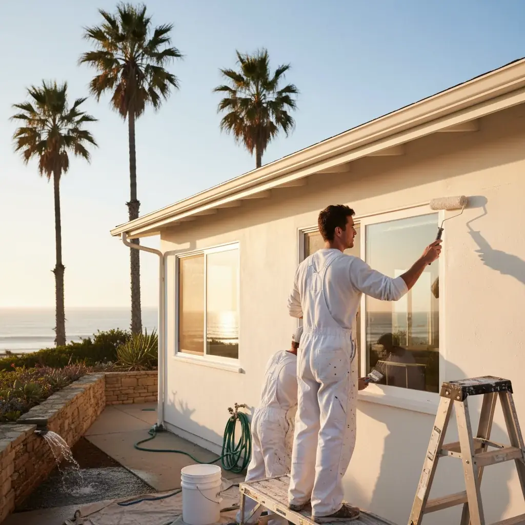 Freshly painted coastal home in Encinitas at golden hour.