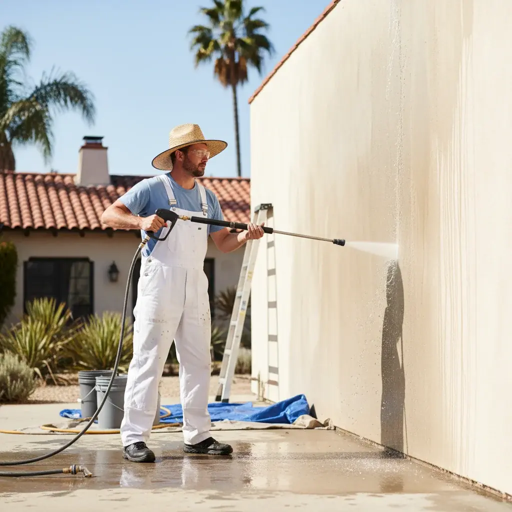 A San Diego stucco home with freshly painted exterior in warm sand tones under coastal blue sky.