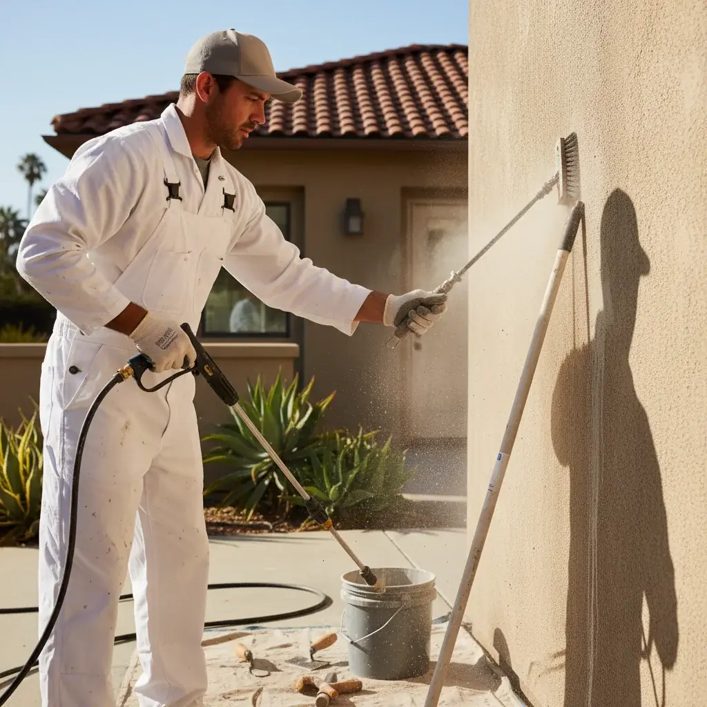 A painter prepping a salt-corroded exterior wall on a vintage Point Loma home near Sunset Cliffs.