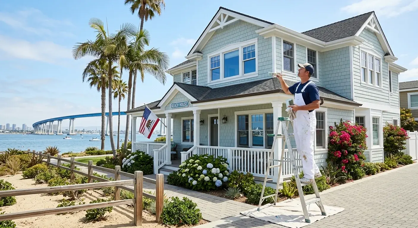 Painter applying premium exterior coating to a Mediterranean-style Del Mar home.