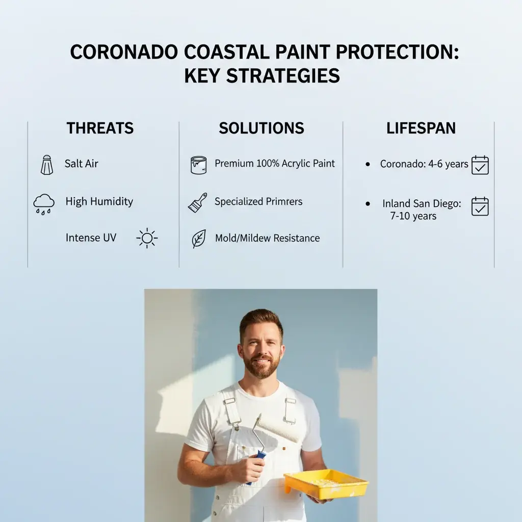 Infographic outlining factors damaging exterior paint in Coronado and strategies for long-lasting protection against salt, sun, and humidity.
