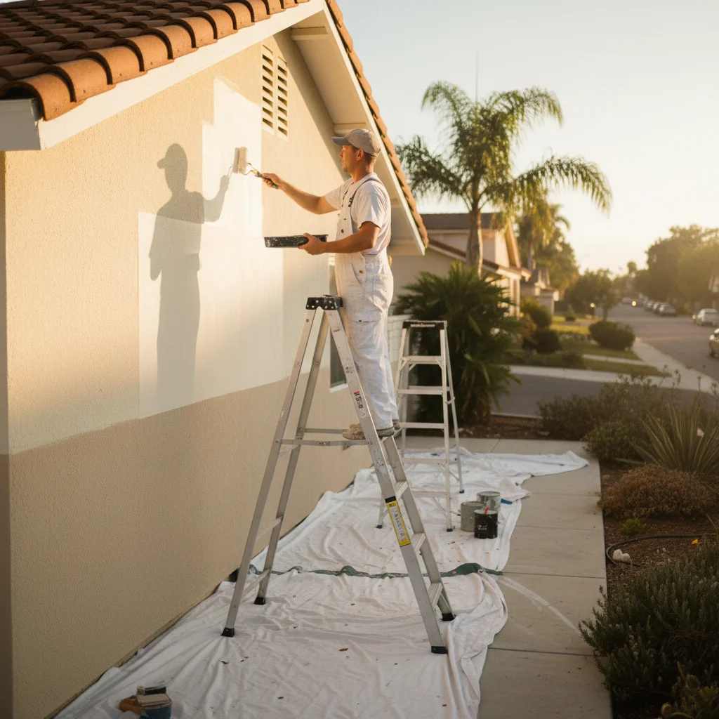 A San Diego stucco home mid-repaint with painter on ladder, warm afternoon light, drop cloths and ladder visible