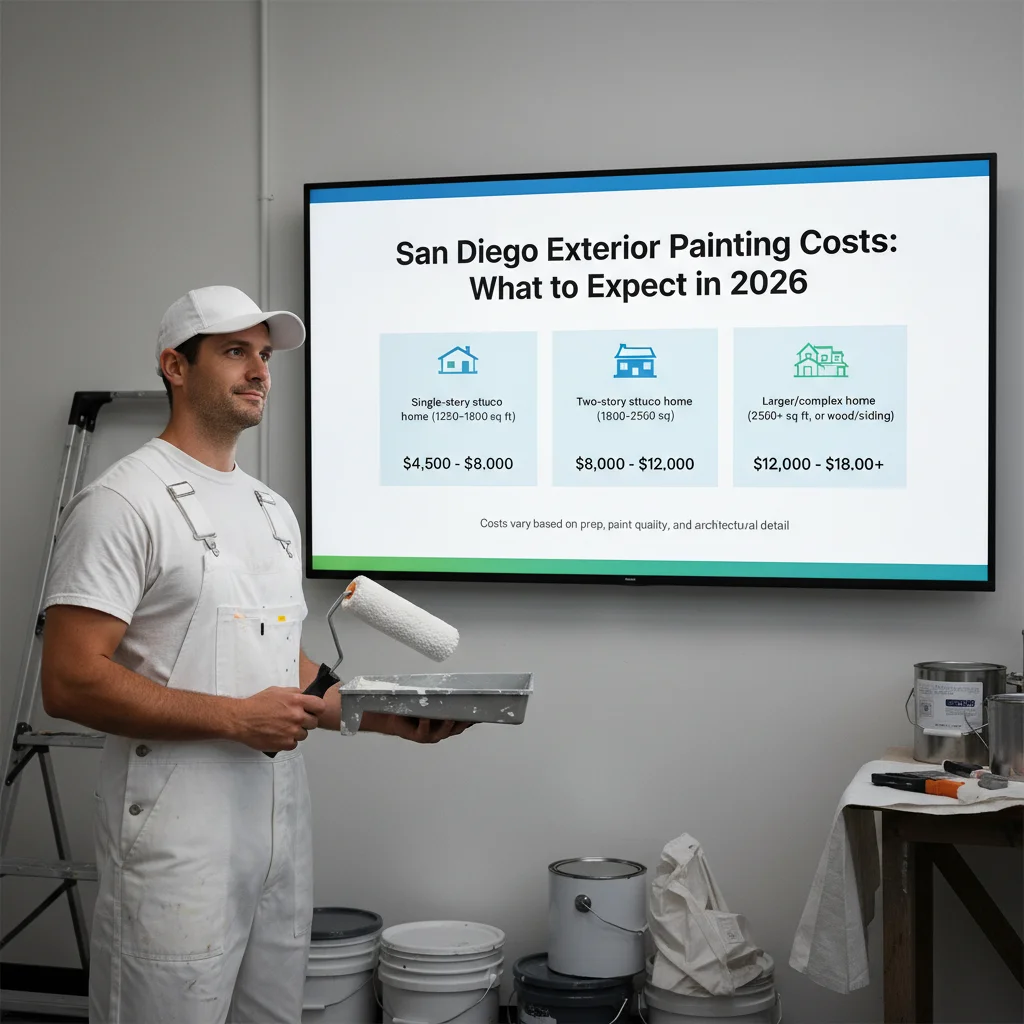Infographic showing average exterior painting costs in San Diego for different home sizes and materials in 2026.