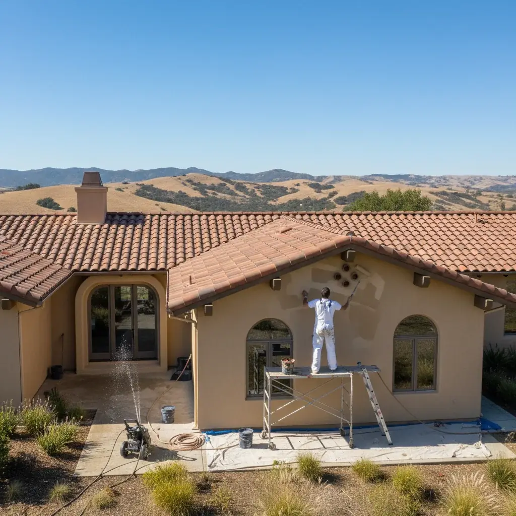 A freshly painted ranch-style home in Poway, California under a sunny blue sky.