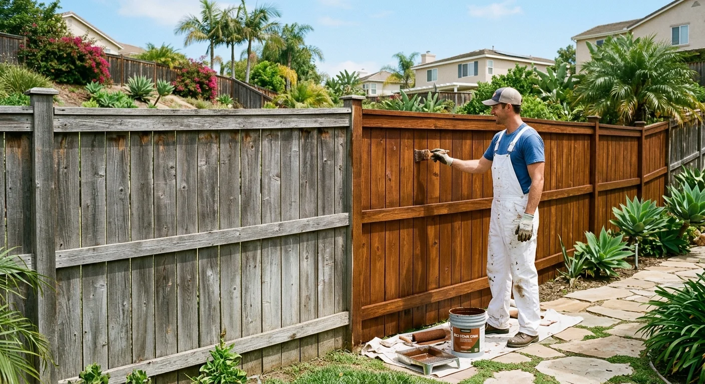 A long, beautifully stained wooden fence bordering a San Diego backyard. Half the fence is shown 'before' (weathered and grey) and half is 'after' (rich, new stain color).