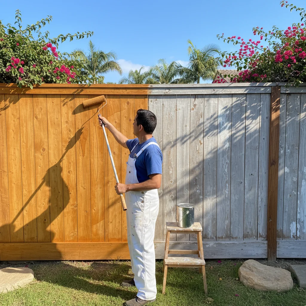 A side-by-side comparison of a weathered gray fence and a freshly stained fence in a sunny San Diego yard.