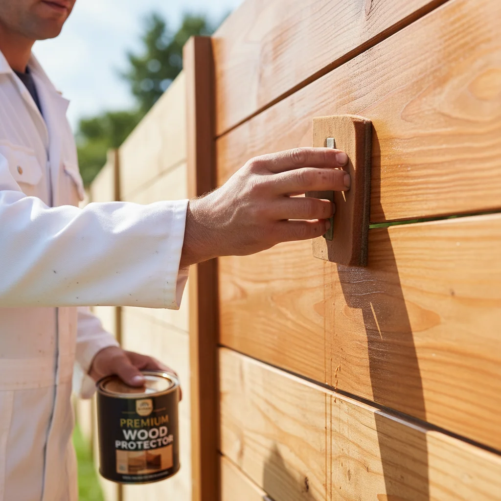 Painter applying semi-transparent stain to fence boards with a stain pad