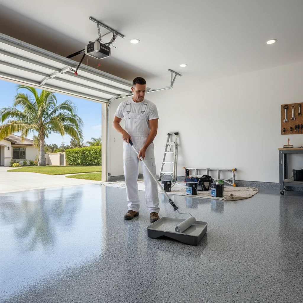 Glossy gray flake epoxy garage floor in modern San Diego home with garage door open and palm tree visible outside