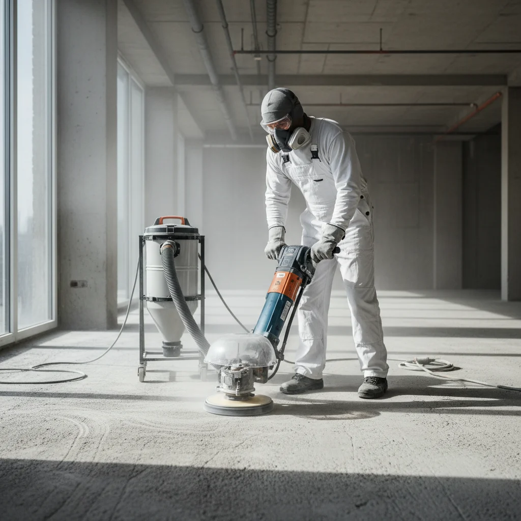 Diamond grinder prepping concrete floor with dust extraction, worker in PPE