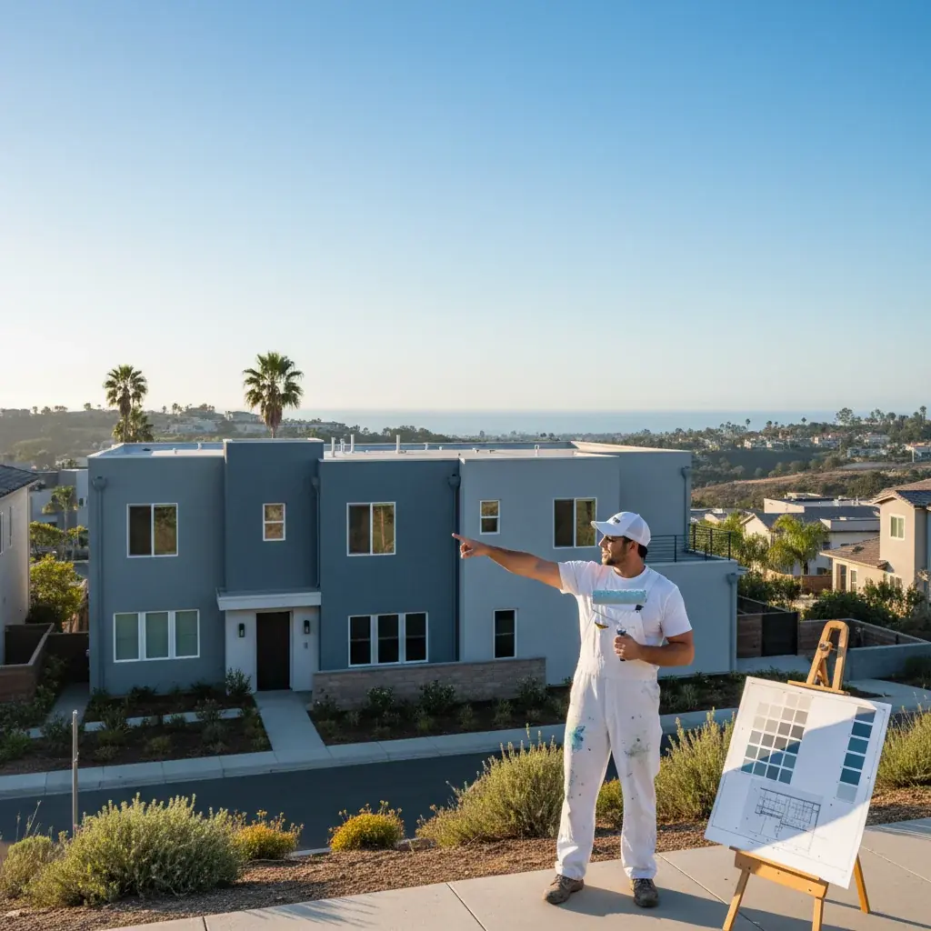 Painter holding sample boards against a master-planned community home exterior.