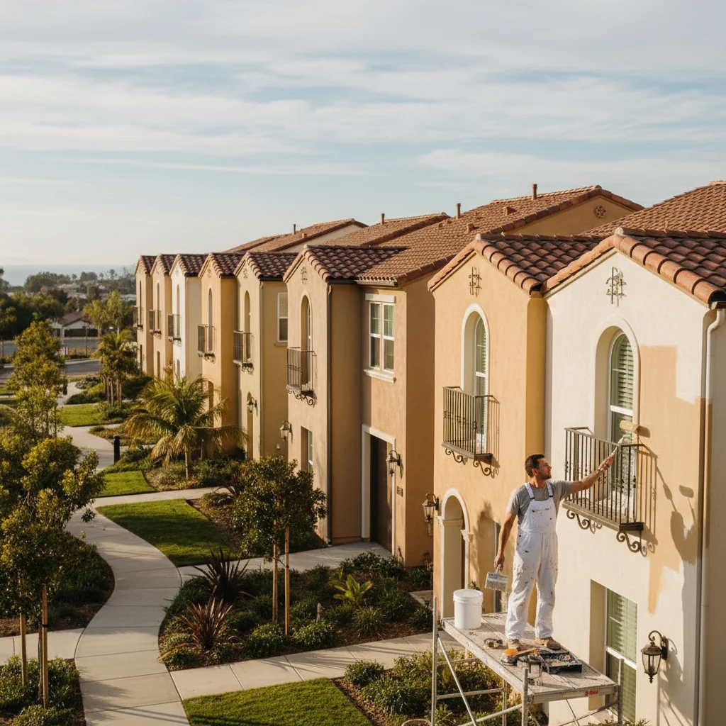 Row of similar-toned beige and tan stucco homes in a San Diego HOA community in warm afternoon light.