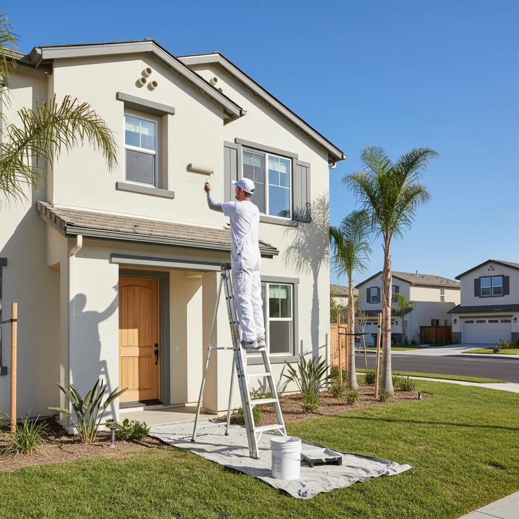 A modern two-story home in a Chula Vista neighborhood like Eastlake, with a fresh, clean paint job, on a sunny day.
