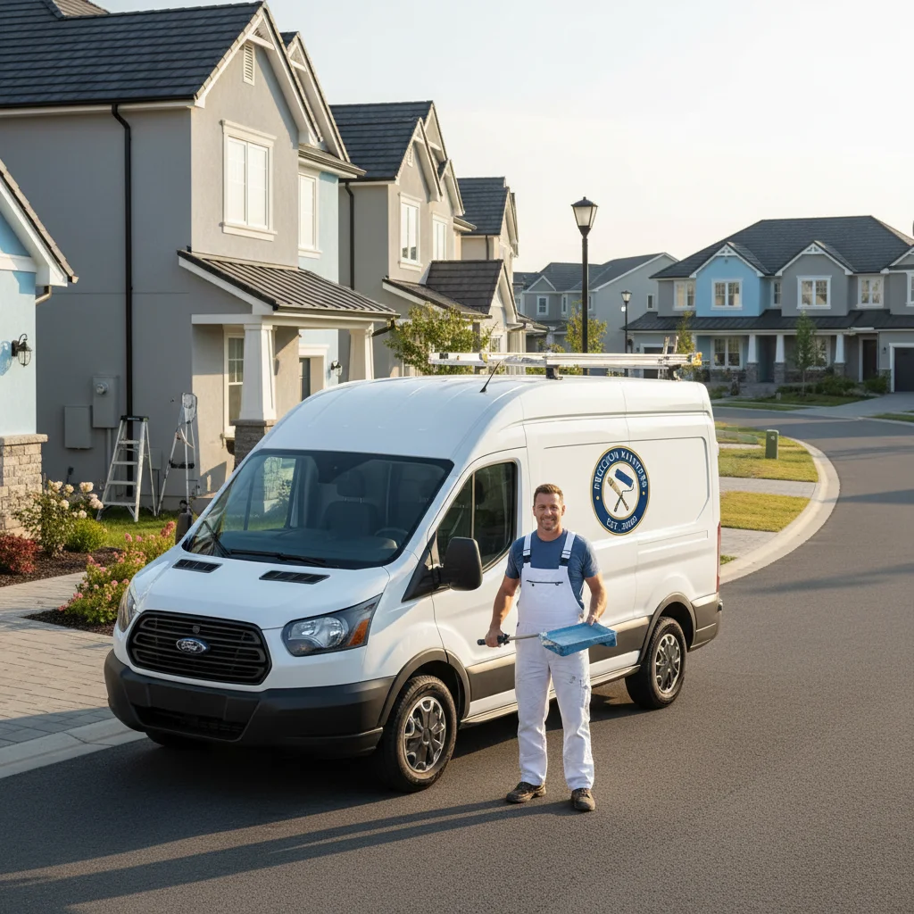 A painter's van with a professional logo parked in front of a home in a planned community.