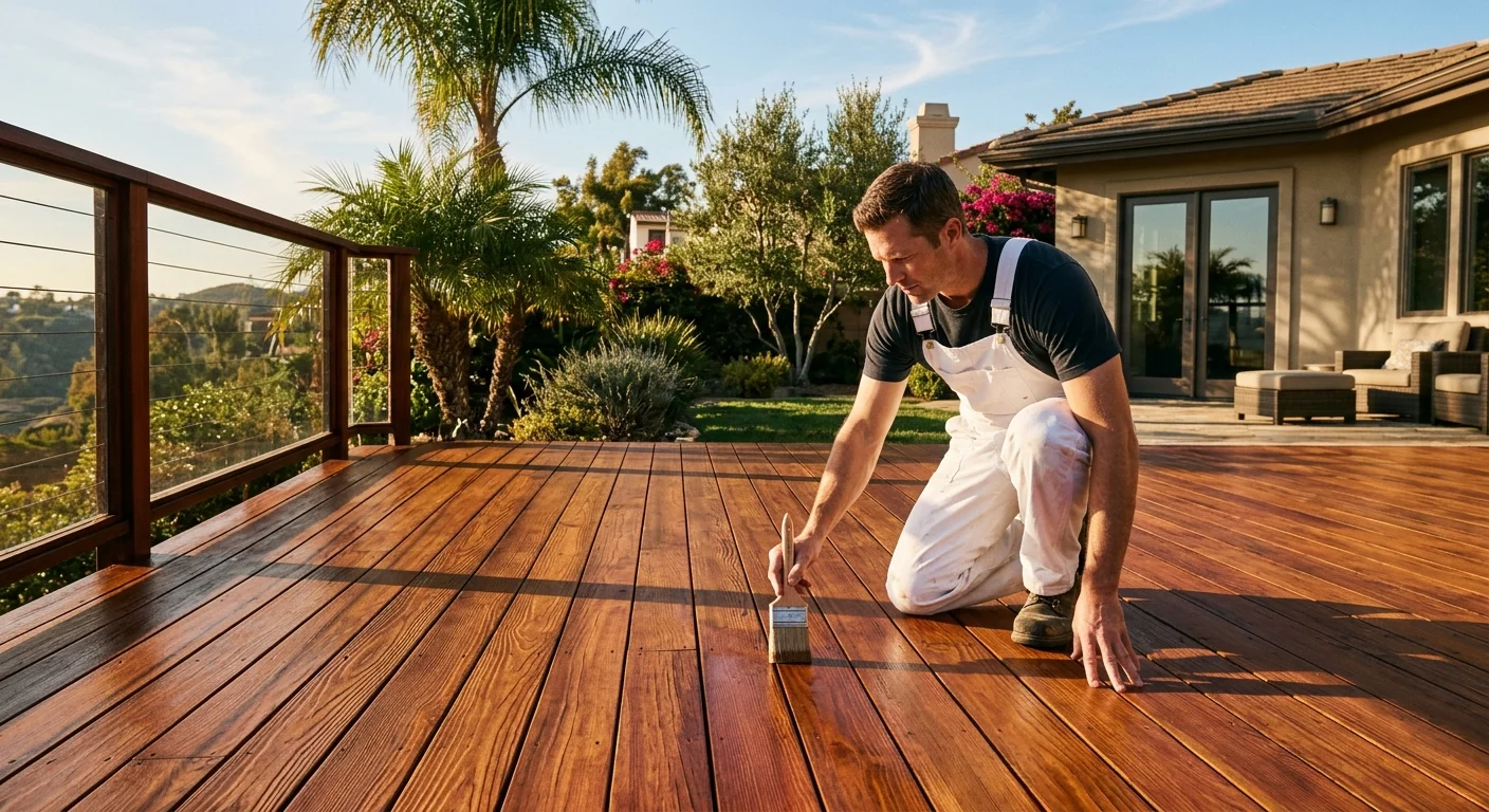 A beautiful, well-maintained redwood deck in a San Diego backyard, with the sun casting long shadows.