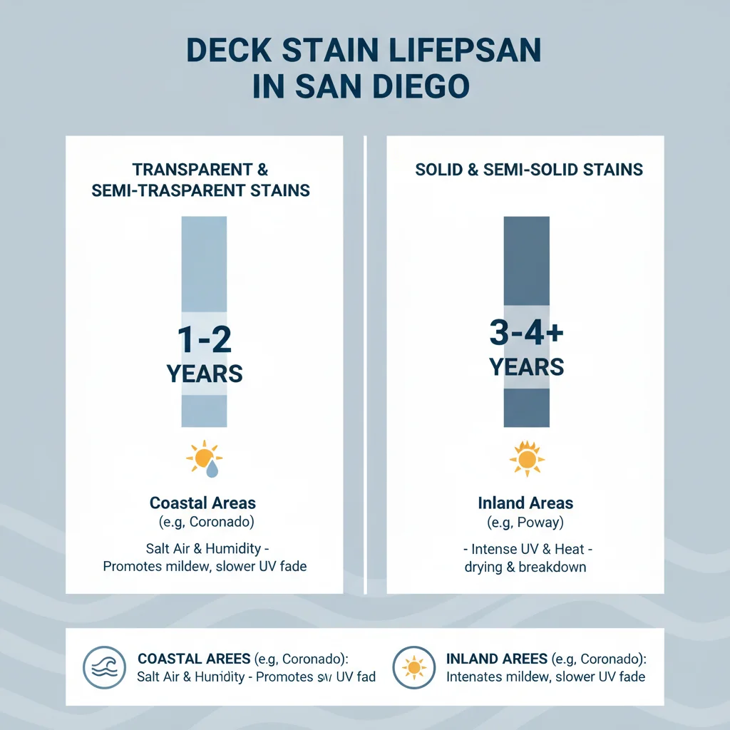 Infographic comparing deck stain lifespan in San Diego for different stain types and climates.