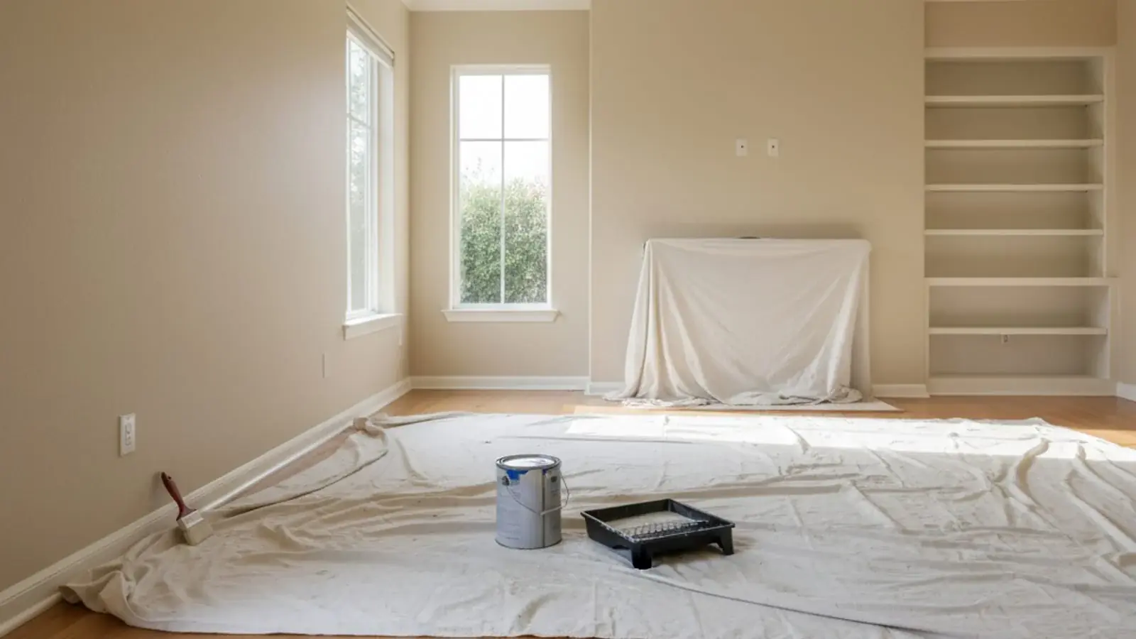 A San Diego interior being repainted on a tight schedule, with drop cloths laid and trim taped for a same-week turnaround.