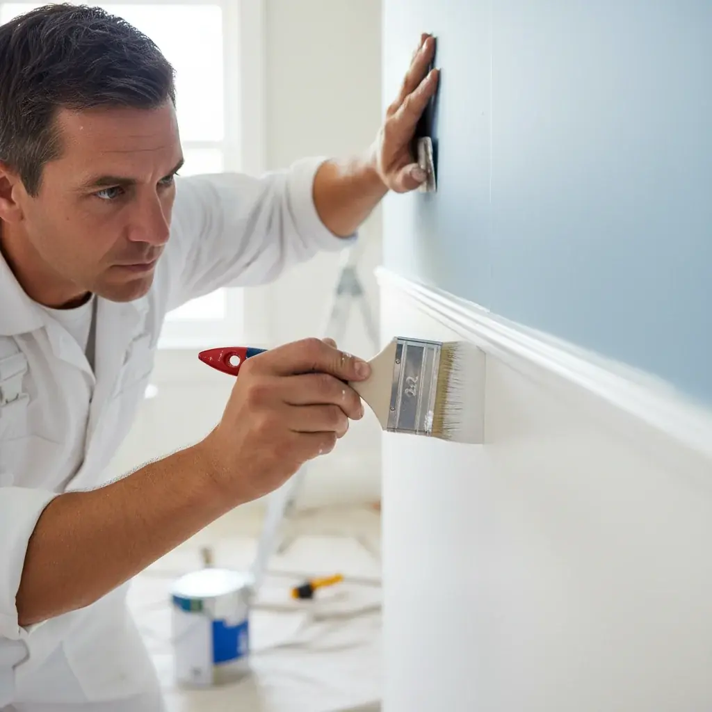 Painter cutting in trim on a kitchen wall, brush in hand, close-up of clean line between trim and wall