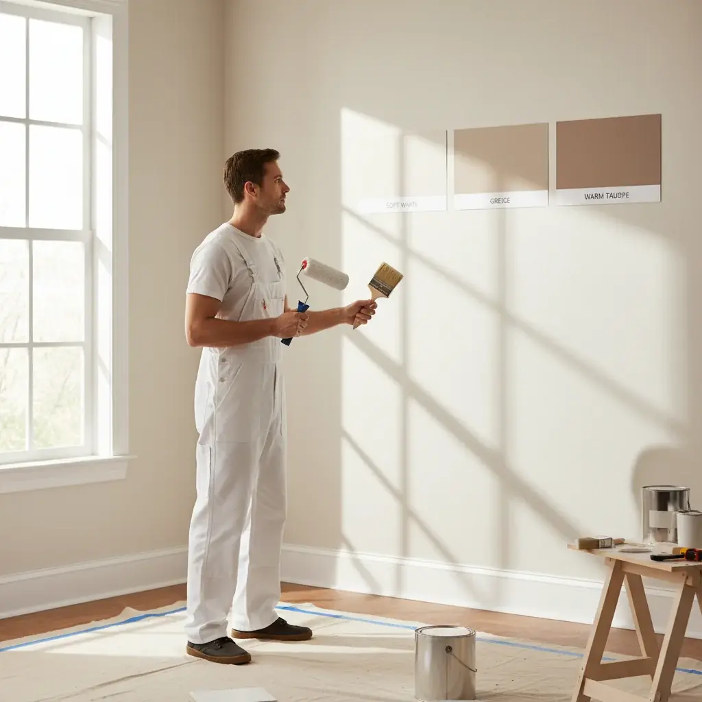 Three large paint swatches taped to a living room wall in soft white, greige, an