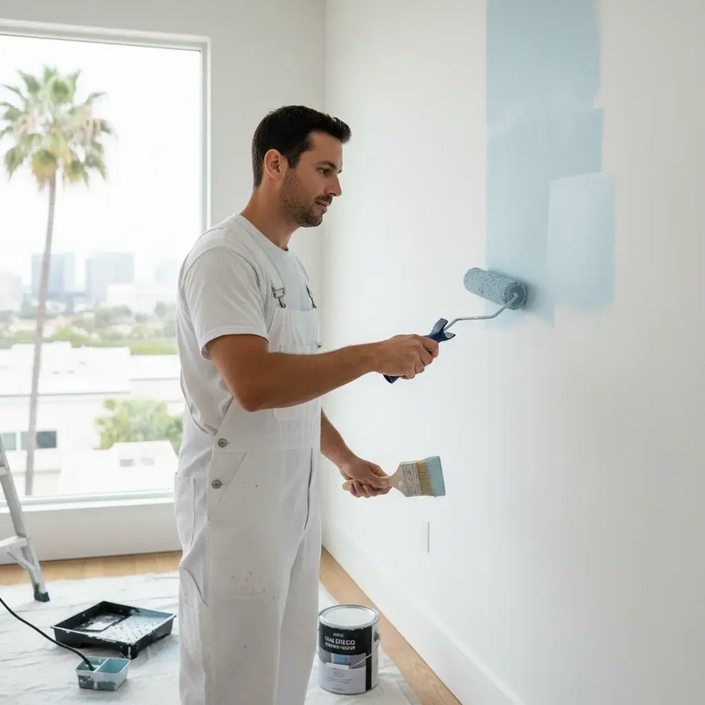 Interior room with fresh paint, drop cloth still on the floor, paint cans and rollers staged