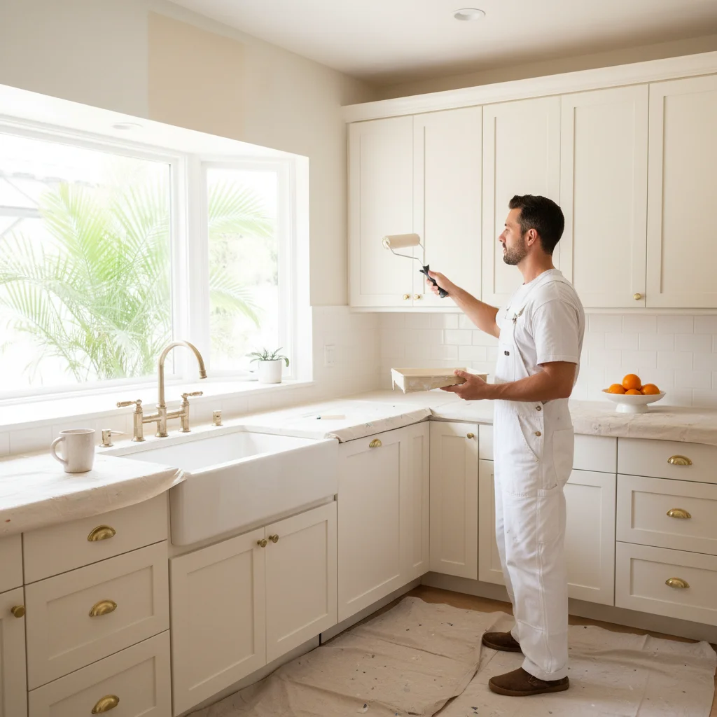 Bright San Diego kitchen with freshly painted warm white shaker cabinets, brass hardware, and natural light from a window.