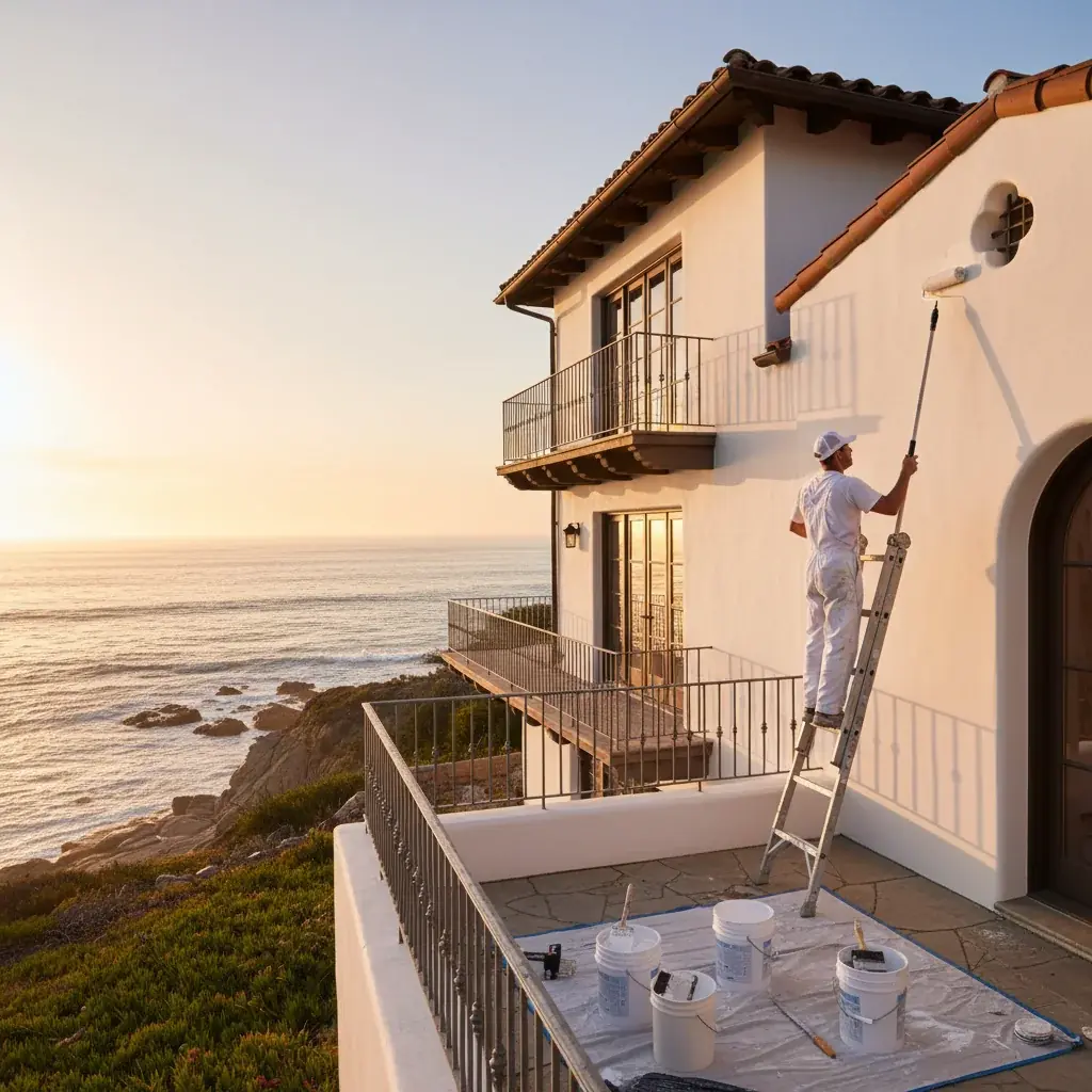 A Solana Beach coastal home with fresh exterior paint and Pacific views at golden hour.