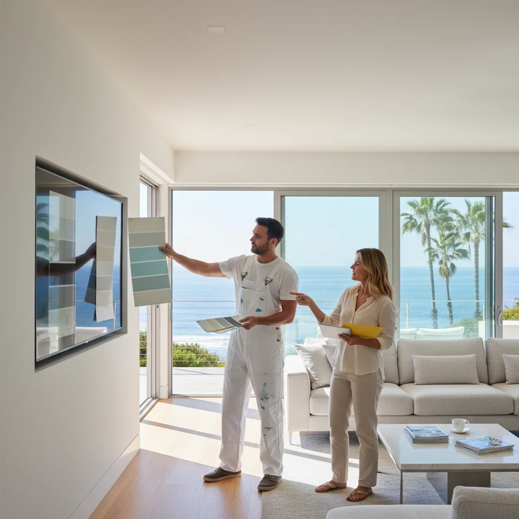 A color consultant shows large paint swatches to a San Diego homeowner.