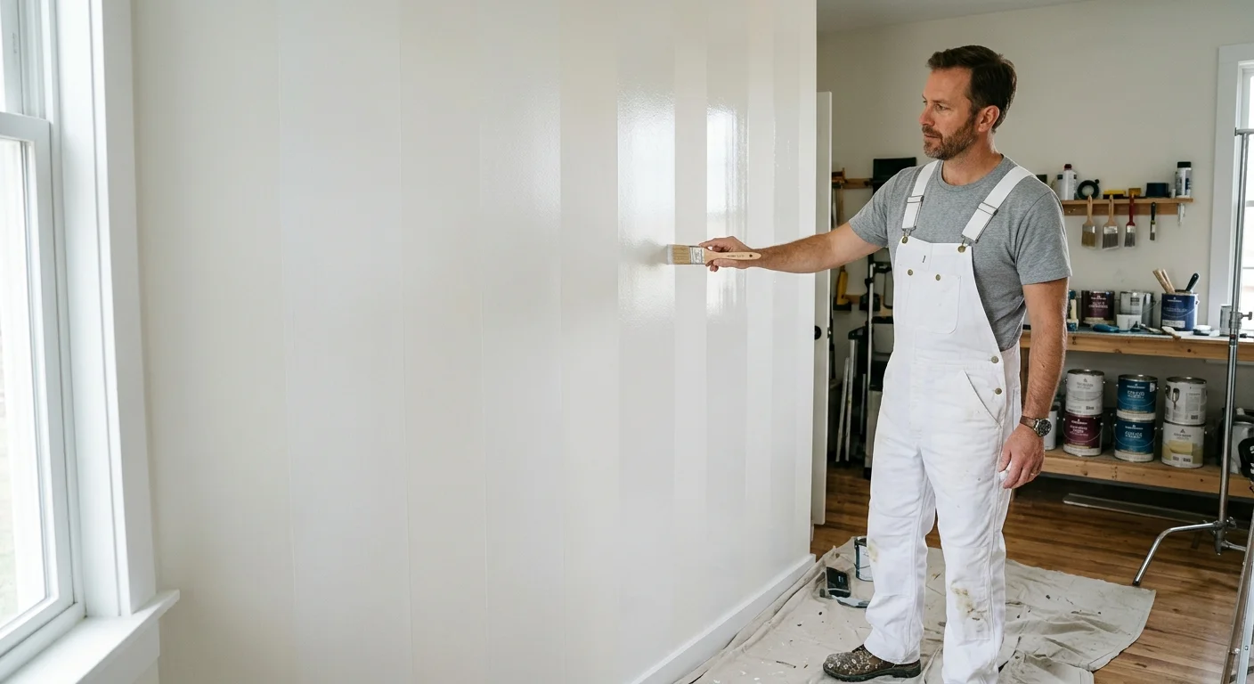 A wall with vertical stripes of different paint sheens, from matte to high-gloss, showing how light reflects off each one differently.