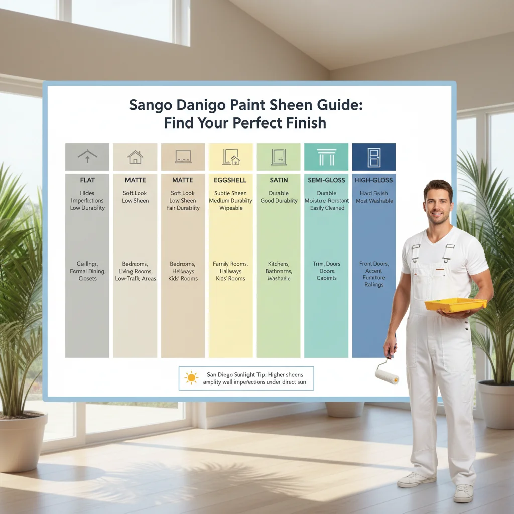 Infographic comparing paint sheens: Flat, Matte, Eggshell, Satin, Semi-Gloss, High-Gloss, highlighting their durability, washability, and recommended rooms for San Diego homes.