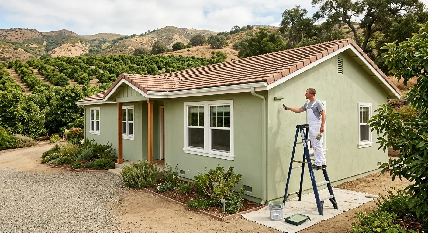 A freshly painted estate home in semi-rural Fallbrook, CA, surrounded by avocado groves.