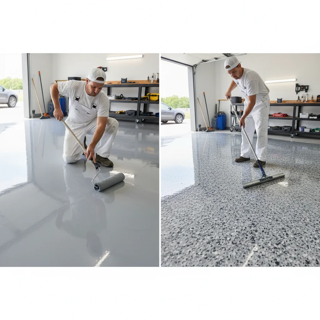 A split image showing a glossy gray epoxy floor on one side and a clear polyaspartic topcoat over flakes on the other, in a well-lit garage.