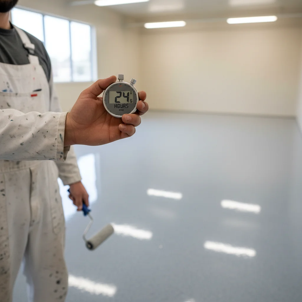A hand holding a stopwatch showing '24 hours' in front of a newly coated polyaspartic floor.