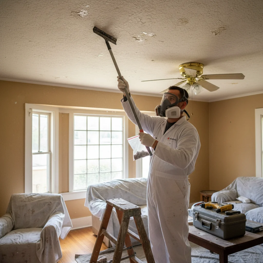 A certified inspector in a respirator taking a small sample of a popcorn ceiling.