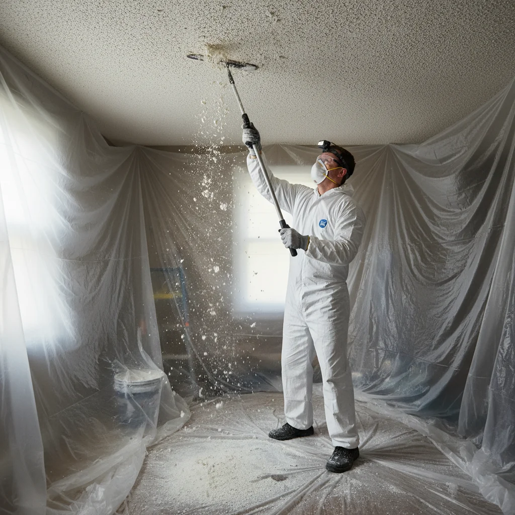 Worker scraping popcorn ceiling in plastic-draped room wearing dust mask and protective gear