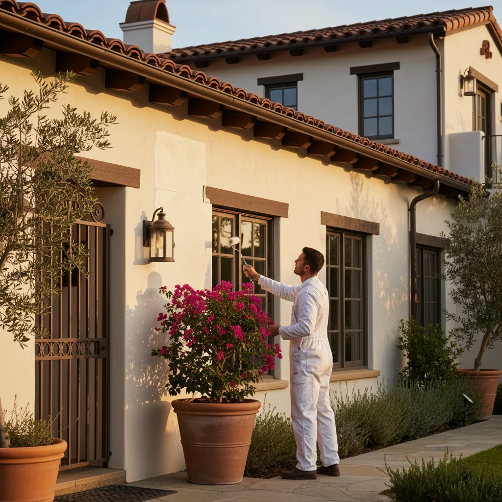 A Spanish-style home in San Diego with warm white stucco exterior paint.
