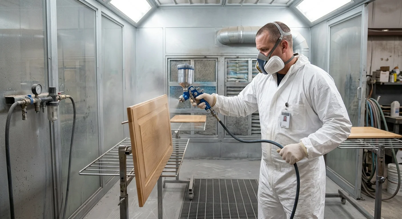 A painter in a dedicated spray booth applying a finish coat to a cabinet door with an HVLP sprayer, ensuring a smooth, factory-like finish.