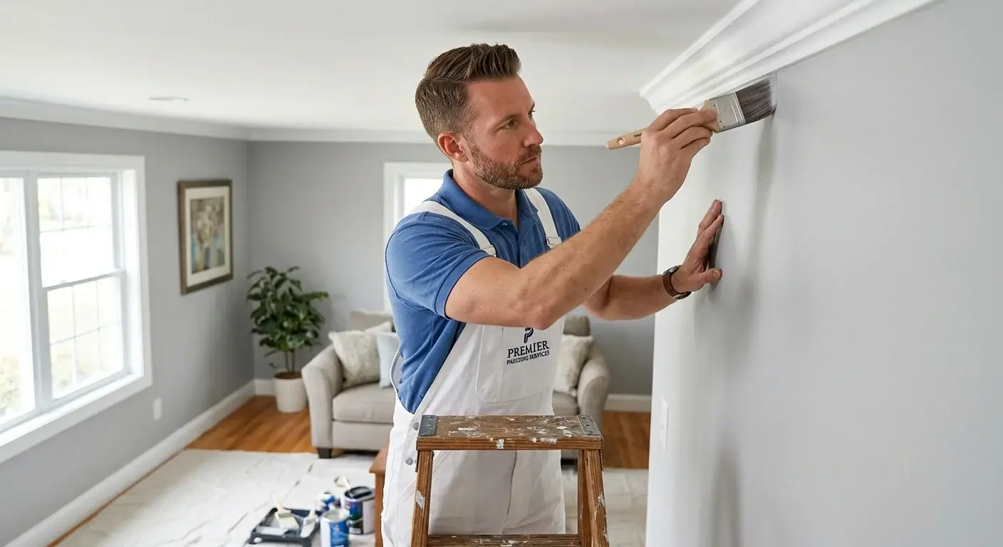 A painter spraying an interior wall with an airless sprayer in a masked-off San Diego home.