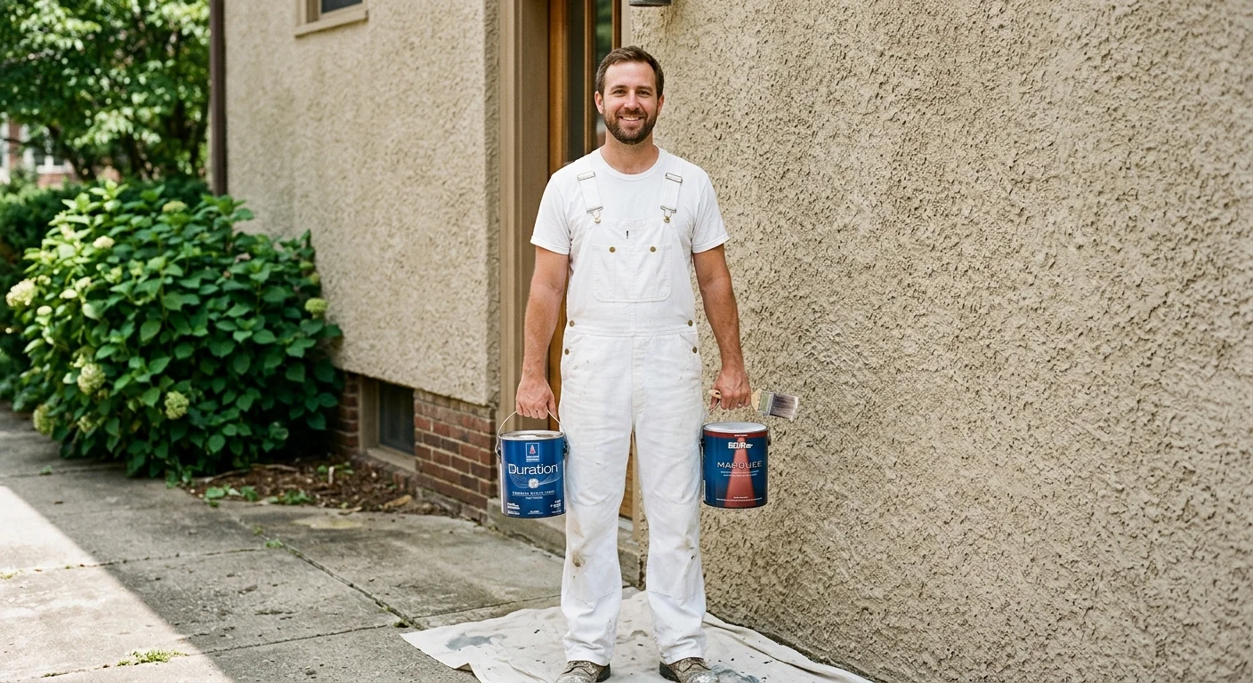 Cans of Sherwin-Williams Duration and Behr Marquee paint side-by-side on a stucco wall.